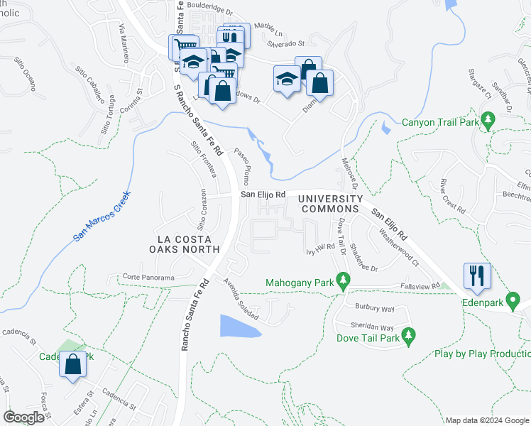 map of restaurants, bars, coffee shops, grocery stores, and more near 2159 Cosmo Way in San Marcos