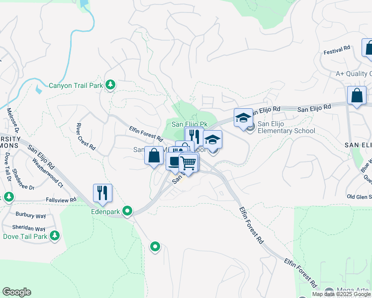 map of restaurants, bars, coffee shops, grocery stores, and more near 1111 Elfin Forest Road in San Marcos