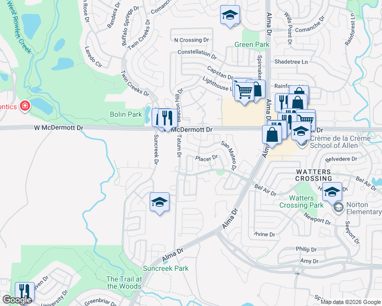 map of restaurants, bars, coffee shops, grocery stores, and more near 1422 Placer Drive in Allen