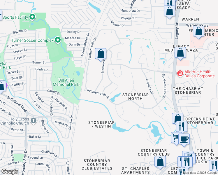 map of restaurants, bars, coffee shops, grocery stores, and more near 4612 Firestone Drive in Frisco