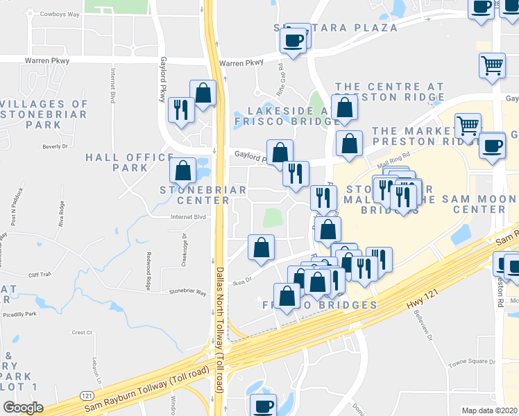 map of restaurants, bars, coffee shops, grocery stores, and more near 7755 John Q Hammons Drive in Frisco