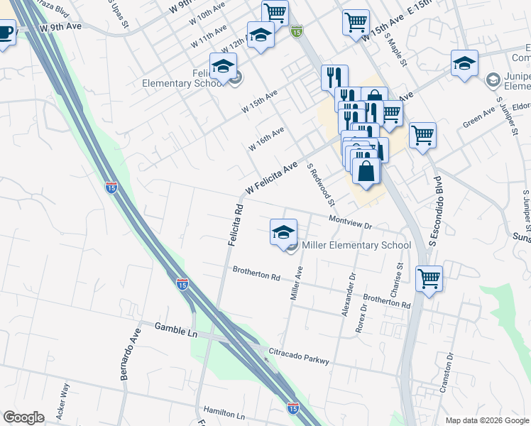 map of restaurants, bars, coffee shops, grocery stores, and more near 832 Casa De Oro Place in Escondido
