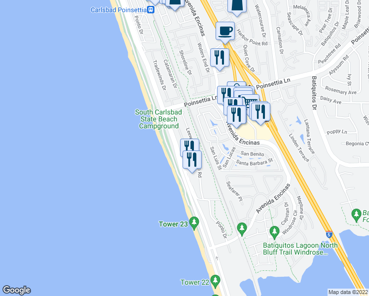 map of restaurants, bars, coffee shops, grocery stores, and more near 7105 Whitewater Street in Carlsbad
