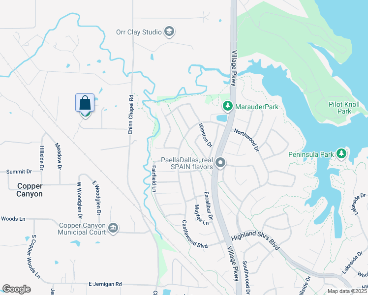 map of restaurants, bars, coffee shops, grocery stores, and more near 3368 Castlewood Boulevard in Highland Village