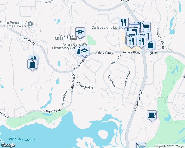 map of restaurants, bars, coffee shops, grocery stores, and more near 1736 Blackbird Circle in Carlsbad