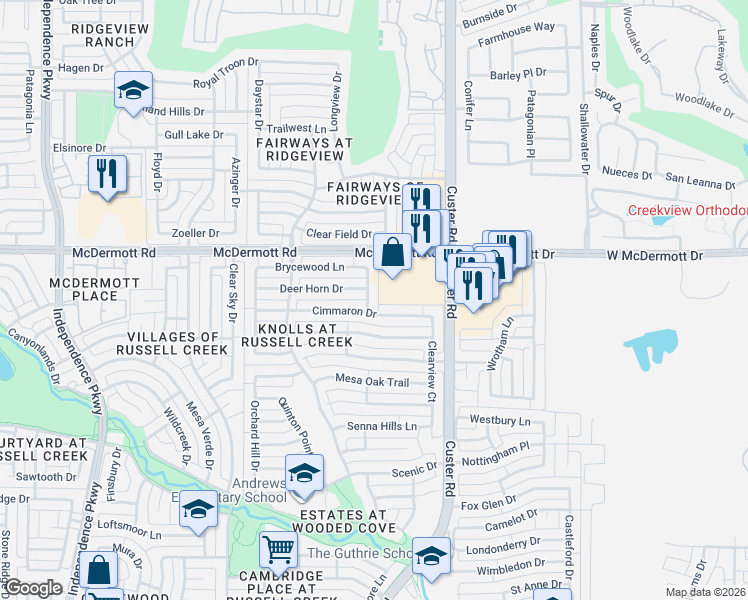 map of restaurants, bars, coffee shops, grocery stores, and more near 8808 Palacios Cove in Plano