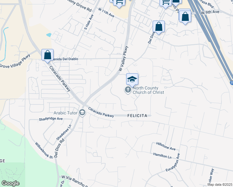 map of restaurants, bars, coffee shops, grocery stores, and more near 1676 Crescent Knolls Glen in Escondido