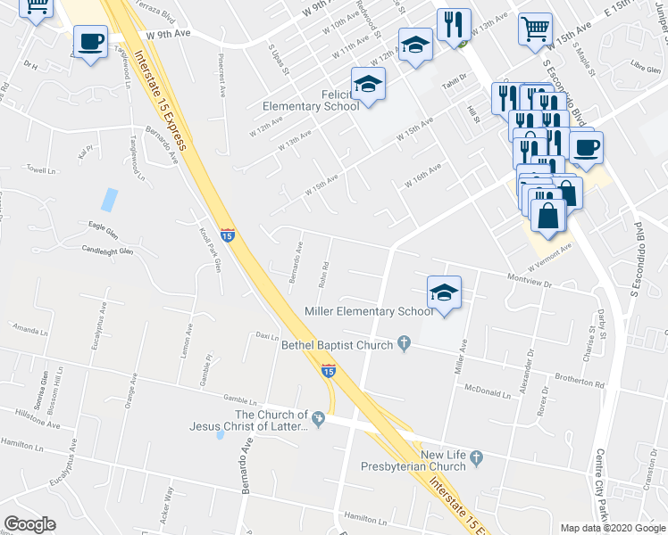 map of restaurants, bars, coffee shops, grocery stores, and more near 1936 Rohn Road in Escondido