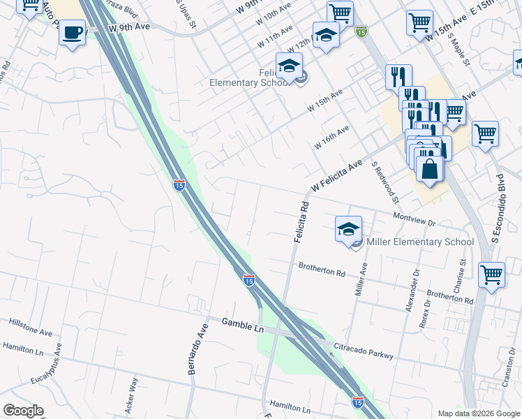 map of restaurants, bars, coffee shops, grocery stores, and more near 1936 Rohn Road in Escondido