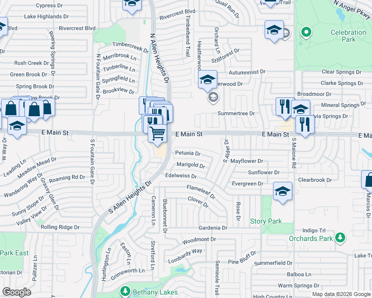 map of restaurants, bars, coffee shops, grocery stores, and more near 1317 Petunia Drive in Allen