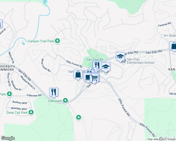 map of restaurants, bars, coffee shops, grocery stores, and more near 1159 Elfin Forest Road East in San Marcos