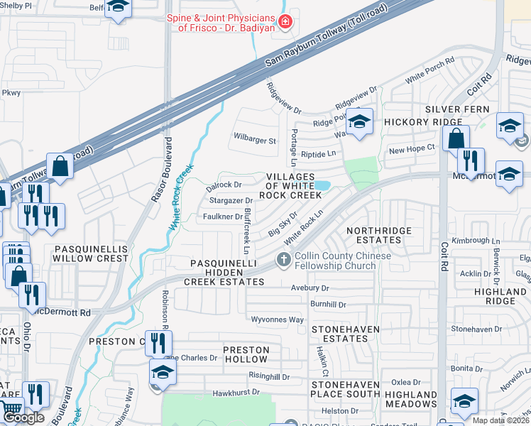 map of restaurants, bars, coffee shops, grocery stores, and more near 8808 Bluffcreek Lane in Plano
