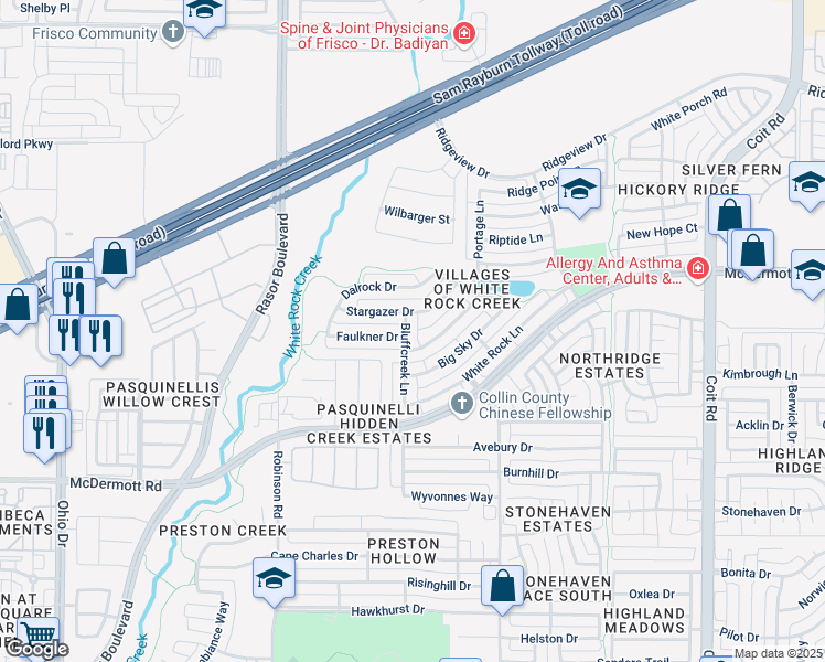map of restaurants, bars, coffee shops, grocery stores, and more near 8808 Bluffcreek Lane in Plano