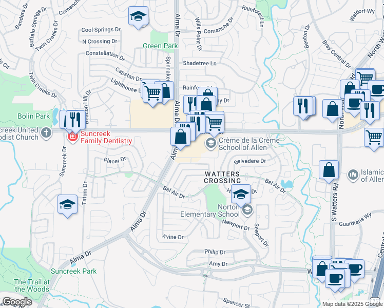 map of restaurants, bars, coffee shops, grocery stores, and more near 205 Alma Drive in Allen