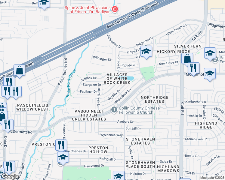 map of restaurants, bars, coffee shops, grocery stores, and more near 4476 Sandy Water Lane in Plano