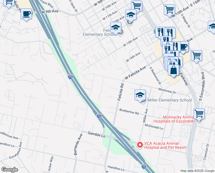 map of restaurants, bars, coffee shops, grocery stores, and more near 958 Berkshire Court in Escondido