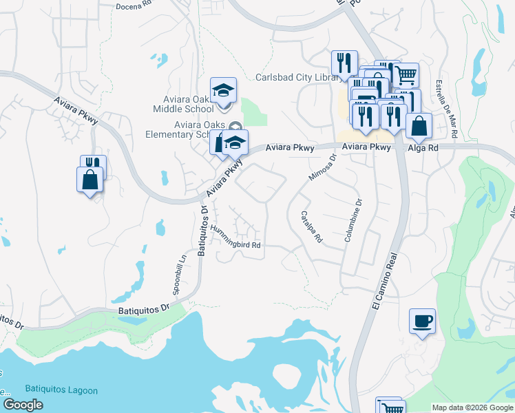 map of restaurants, bars, coffee shops, grocery stores, and more near 1736 Blackbird Circle in Carlsbad