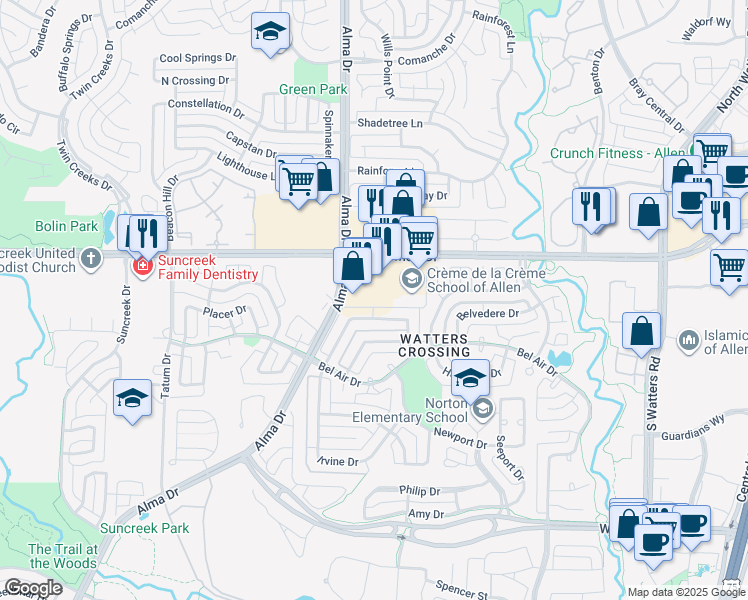 map of restaurants, bars, coffee shops, grocery stores, and more near 205 Alma Drive in Allen