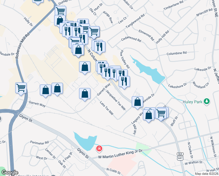 map of restaurants, bars, coffee shops, grocery stores, and more near 102 Garrett Way in Milledgeville