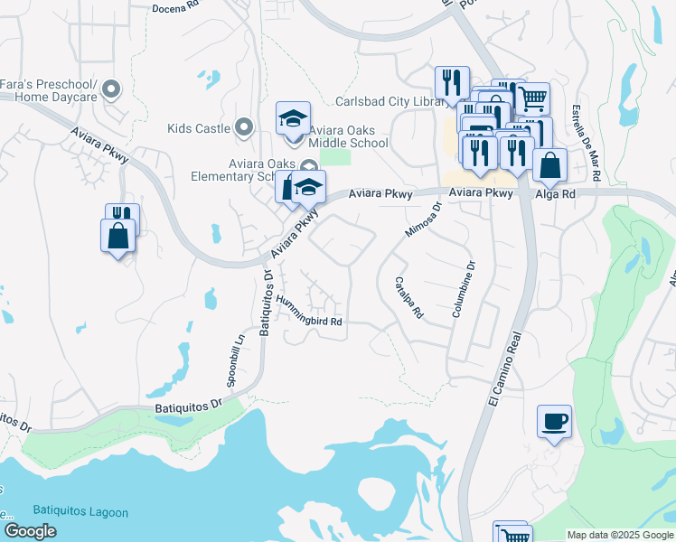 map of restaurants, bars, coffee shops, grocery stores, and more near 1736 Blackbird Circle in Carlsbad