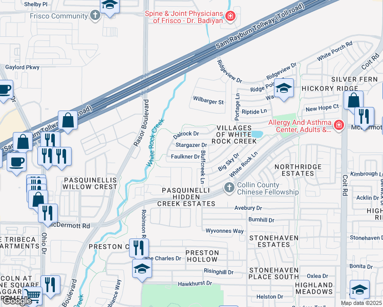 map of restaurants, bars, coffee shops, grocery stores, and more near 4613 Faulkner Drive in Plano