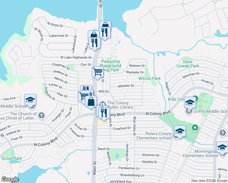 map of restaurants, bars, coffee shops, grocery stores, and more near 4816 Graham Court in The Colony