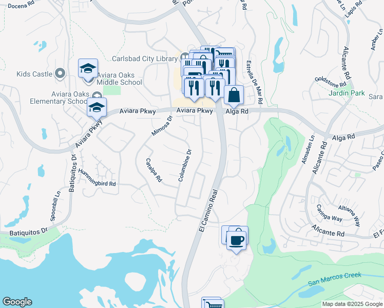 map of restaurants, bars, coffee shops, grocery stores, and more near 7114 Columbine Drive in Carlsbad