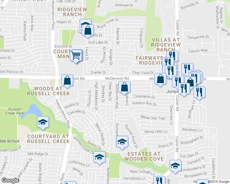 map of restaurants, bars, coffee shops, grocery stores, and more near 8824 Clear Sky Drive in Plano