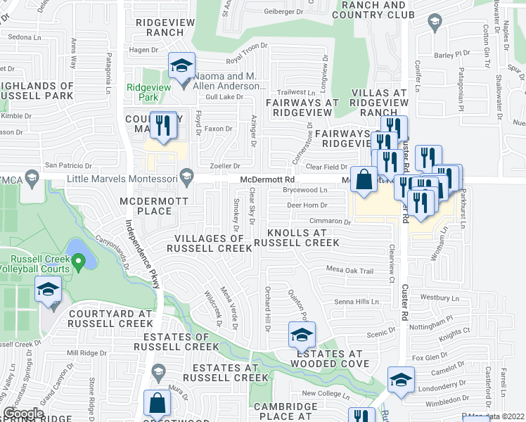 map of restaurants, bars, coffee shops, grocery stores, and more near 8809 Somerville Way in Plano