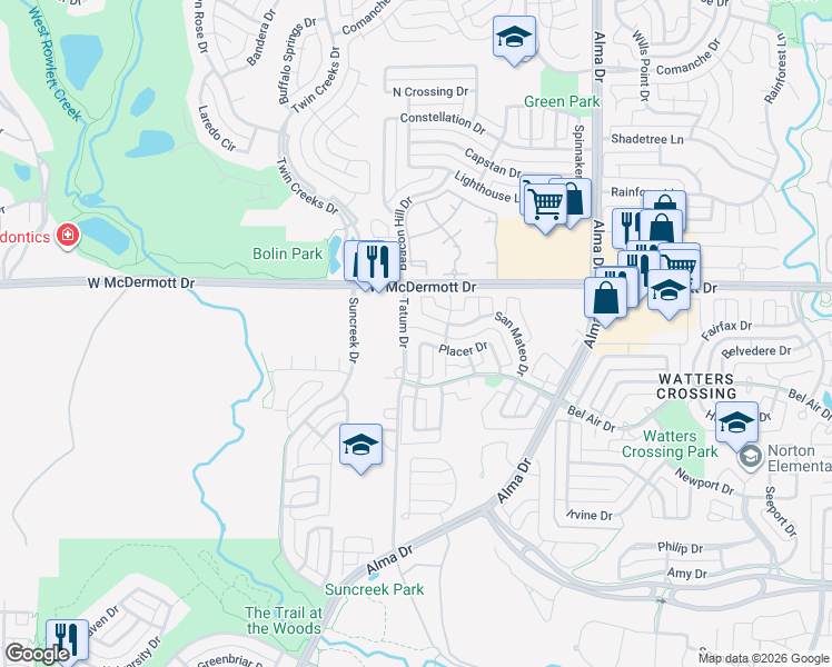 map of restaurants, bars, coffee shops, grocery stores, and more near 1422 Placer Drive in Allen