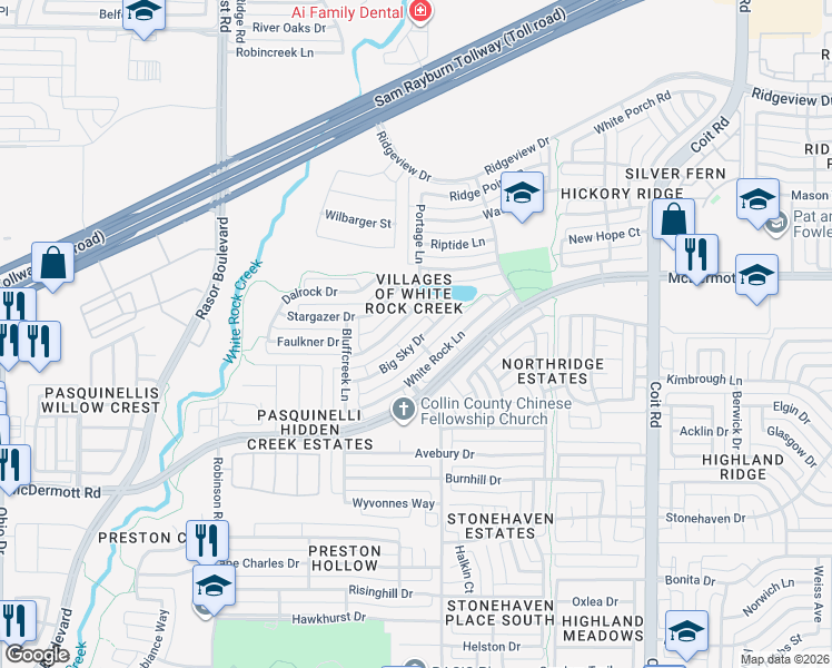 map of restaurants, bars, coffee shops, grocery stores, and more near 4476 Sandy Water Lane in Plano