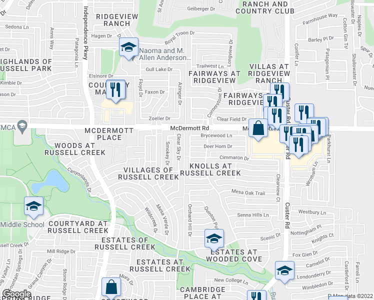 map of restaurants, bars, coffee shops, grocery stores, and more near 8809 Somerville Way in Plano