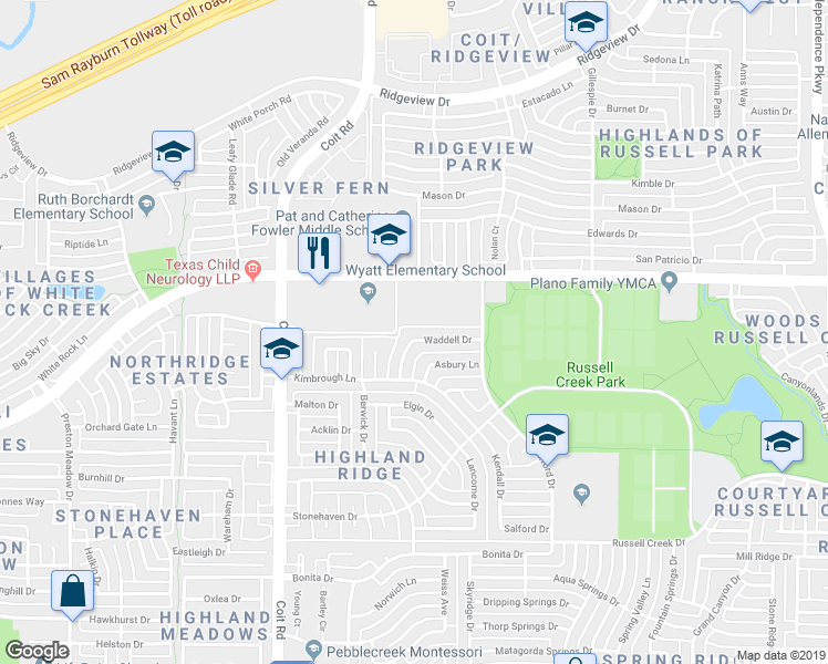 map of restaurants, bars, coffee shops, grocery stores, and more near 3721 Waddell Drive in Plano