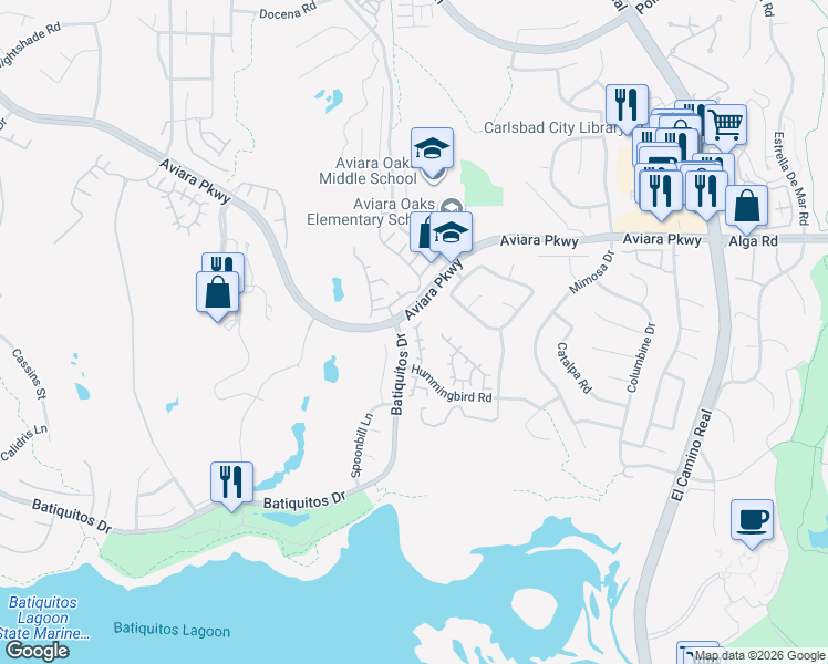 map of restaurants, bars, coffee shops, grocery stores, and more near 7143 Tanager Drive in Carlsbad