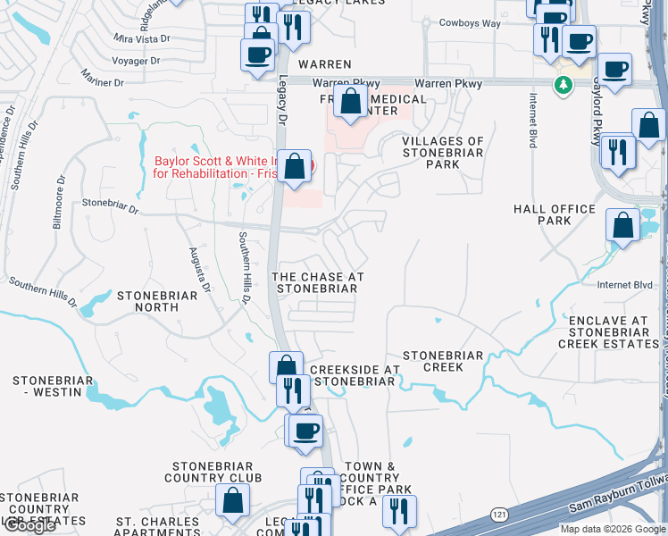 map of restaurants, bars, coffee shops, grocery stores, and more near 5691 Miramar Drive in Frisco