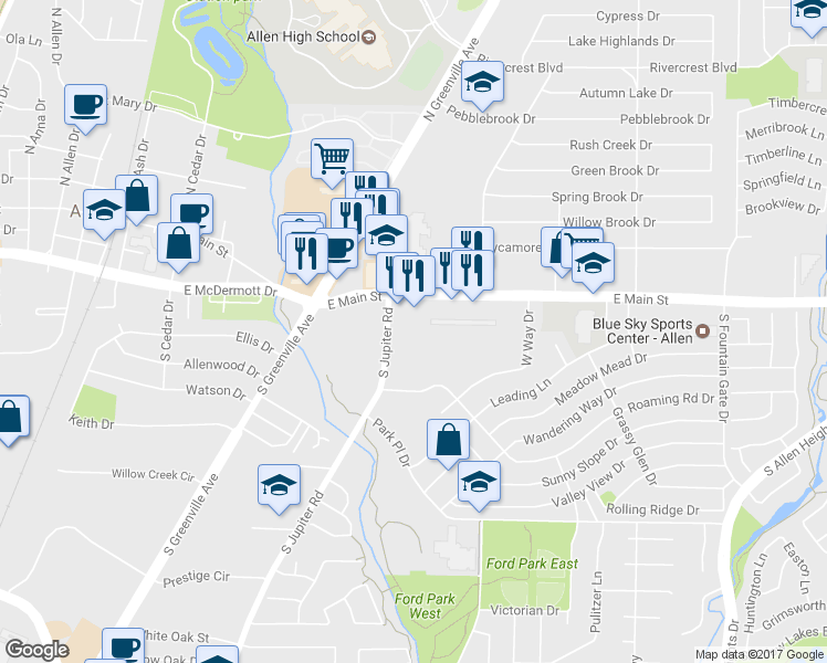map of restaurants, bars, coffee shops, grocery stores, and more near 203 South Jupiter Road in Allen