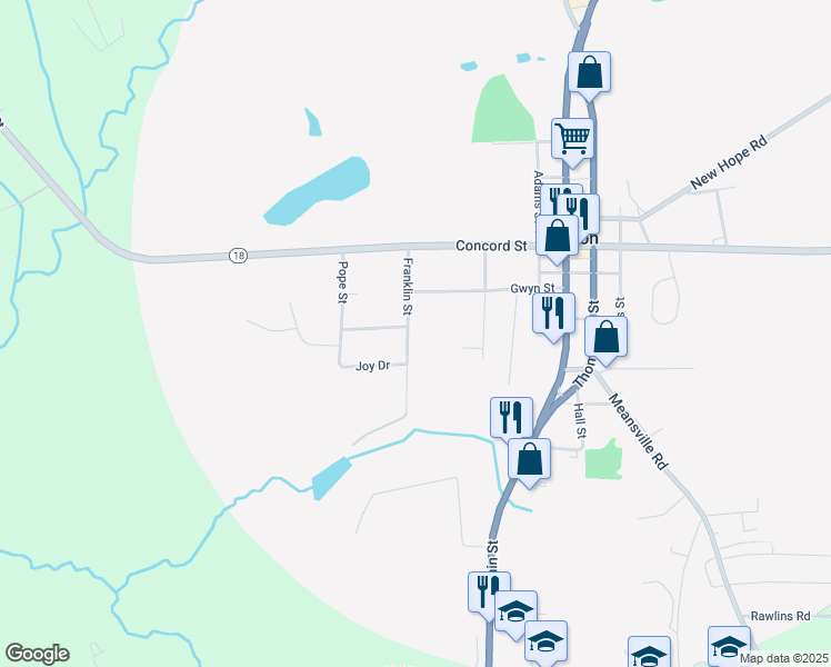 map of restaurants, bars, coffee shops, grocery stores, and more near 189 Franklin Street in Zebulon