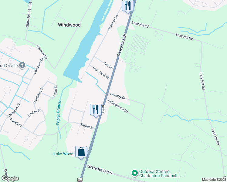map of restaurants, bars, coffee shops, grocery stores, and more near 2736 South Live Oak Drive in Moncks Corner