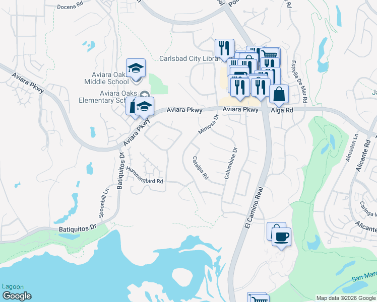 map of restaurants, bars, coffee shops, grocery stores, and more near 7206 Mimosa Drive in Carlsbad
