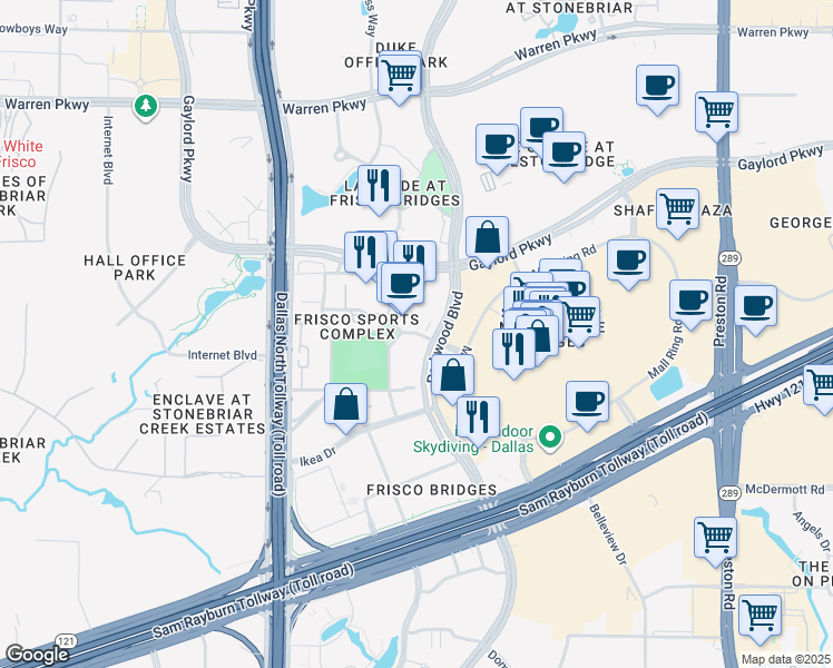 map of restaurants, bars, coffee shops, grocery stores, and more near 11487 John Q Hammons Drive in Frisco