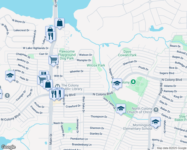 map of restaurants, bars, coffee shops, grocery stores, and more near 5017 Watkins Circle in The Colony