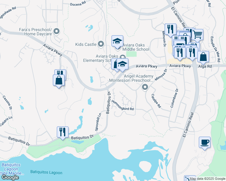 map of restaurants, bars, coffee shops, grocery stores, and more near 7143 Tanager Drive in Carlsbad