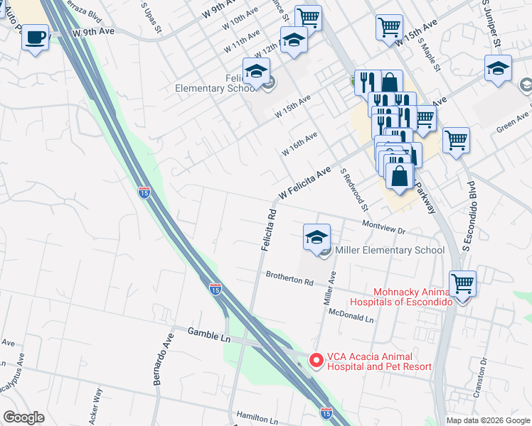 map of restaurants, bars, coffee shops, grocery stores, and more near 1928 Felicita Road in Escondido