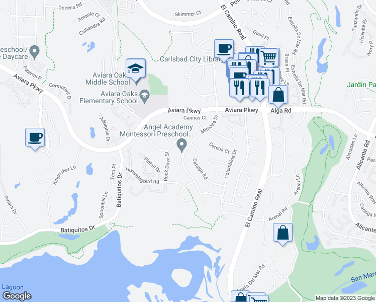 map of restaurants, bars, coffee shops, grocery stores, and more near 7206 Mimosa Drive in Carlsbad