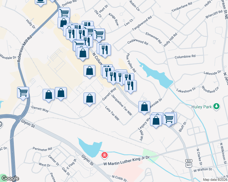 map of restaurants, bars, coffee shops, grocery stores, and more near 102 Garrett Way in Milledgeville