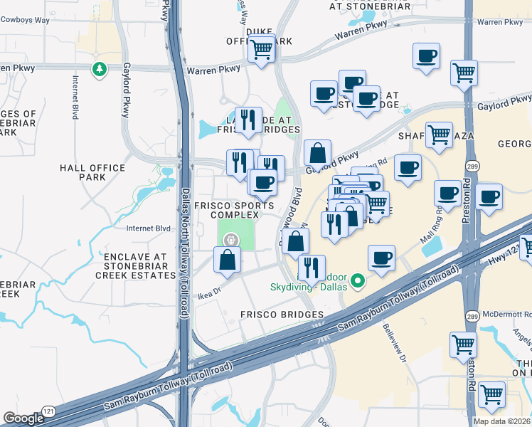 map of restaurants, bars, coffee shops, grocery stores, and more near 7789 John Q Hammons Drive in Frisco