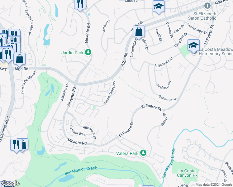 map of restaurants, bars, coffee shops, grocery stores, and more near 7018 Via Ostiones in Carlsbad