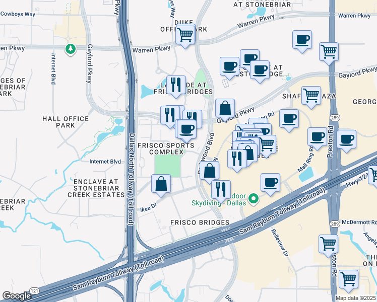 map of restaurants, bars, coffee shops, grocery stores, and more near 11487 John Q Hammons Drive in Frisco