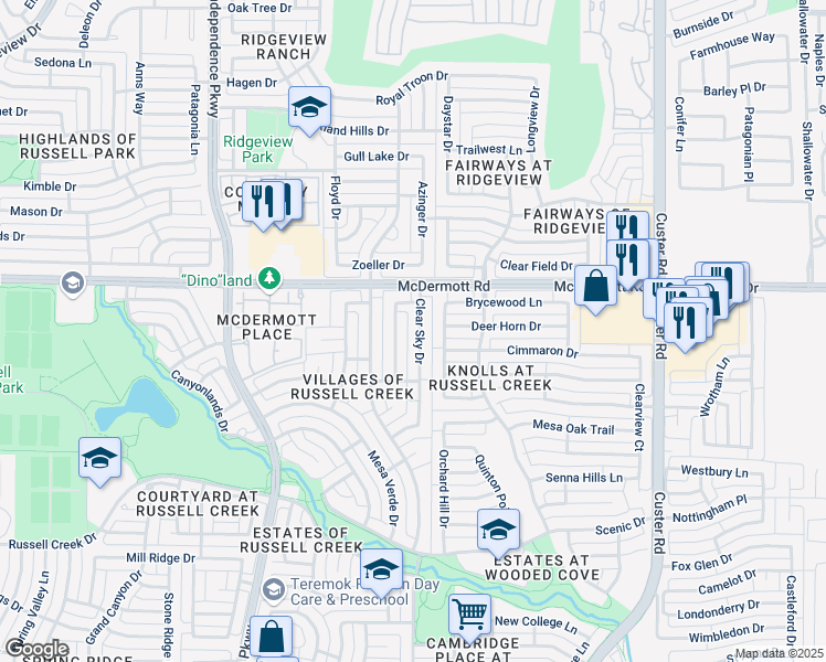 map of restaurants, bars, coffee shops, grocery stores, and more near 8824 Clear Sky Drive in Plano