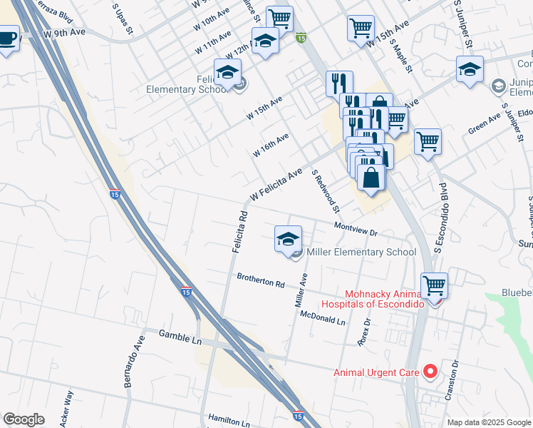 map of restaurants, bars, coffee shops, grocery stores, and more near 871 Montview Drive in Escondido